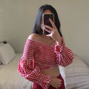 Reverse off shoulder red gingham wrap crop top